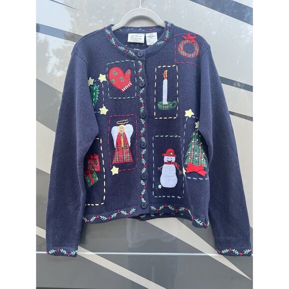 Northern Reflections Sweaters - Vintage 80s Northern Treasures blue embroidered Christmas Holiday cardigan M